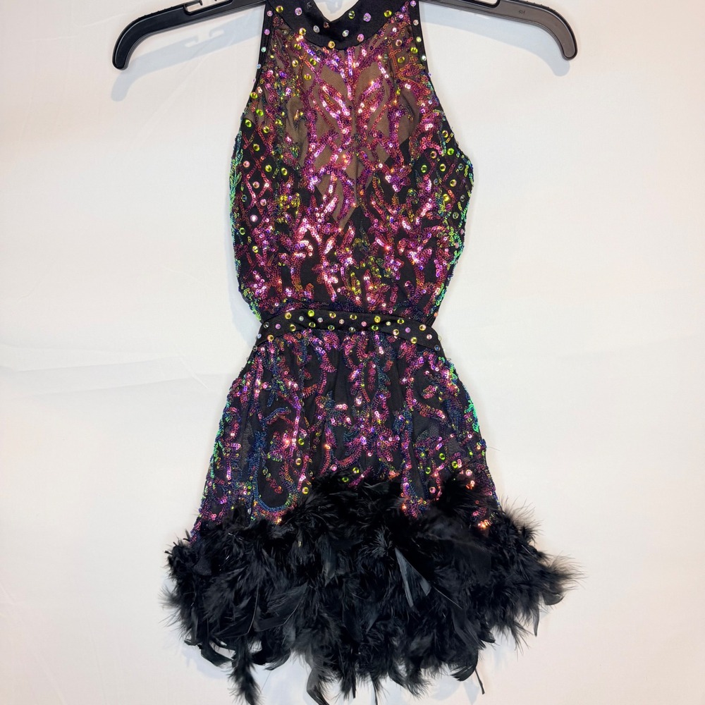 Tenth Avenue MC Iridescent Sequin Feather Dance Costume Purple Black Rhinestone